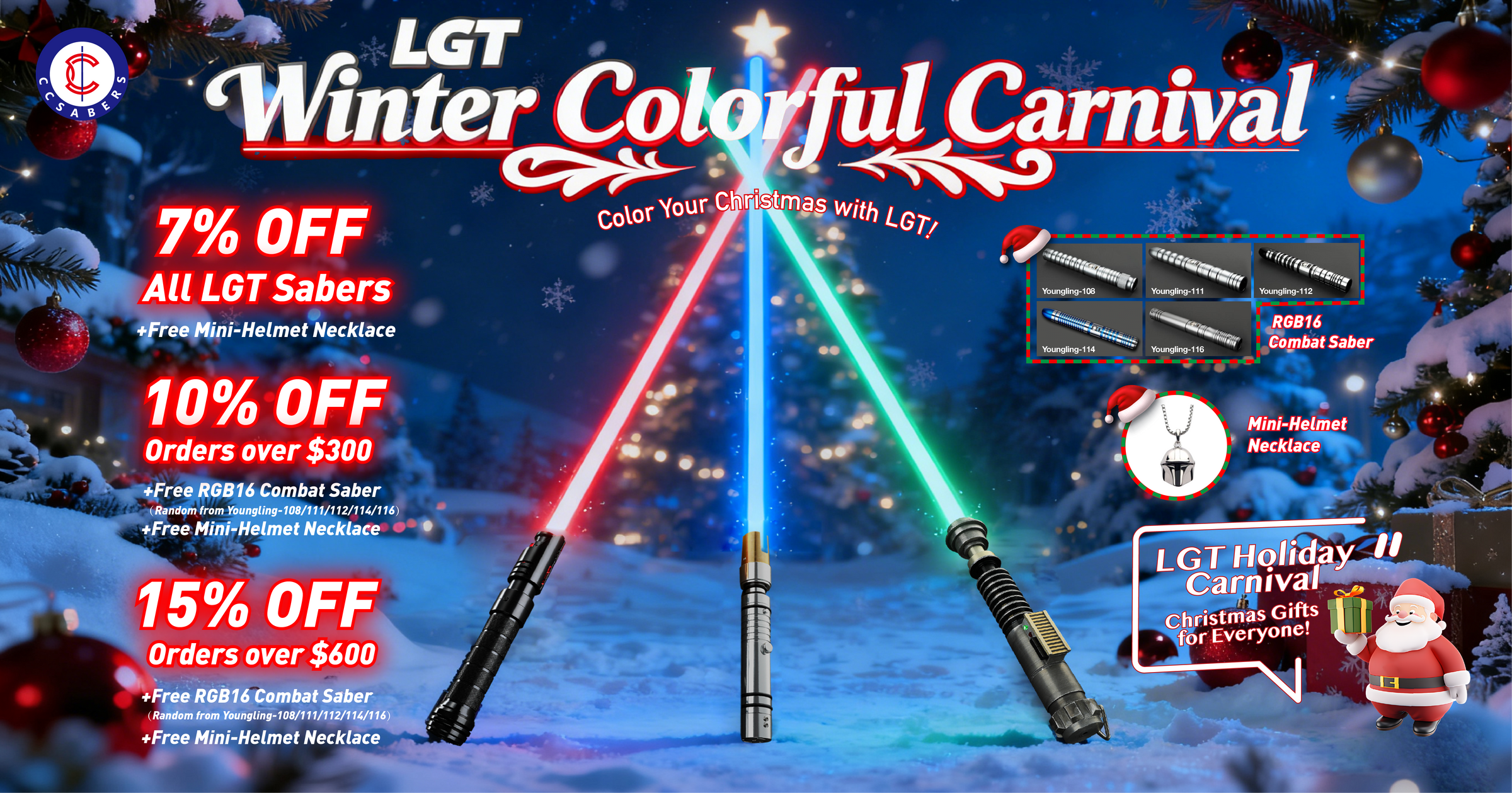 LGT Sabers Christmas sale with tiered discounts and free gift offers. Double the Joy! Receive a FREE Combat Saber & Mini Necklace Saber.