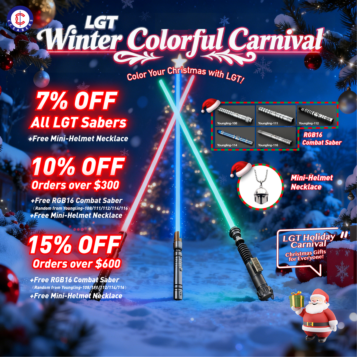 LGT Saber Christmas discount structure: 7% off entire site, 10% off orders over $300, 15% off orders over $600. Double Freebies! Get an RGB-16 Saber AND a Mini-Helmet Necklace.