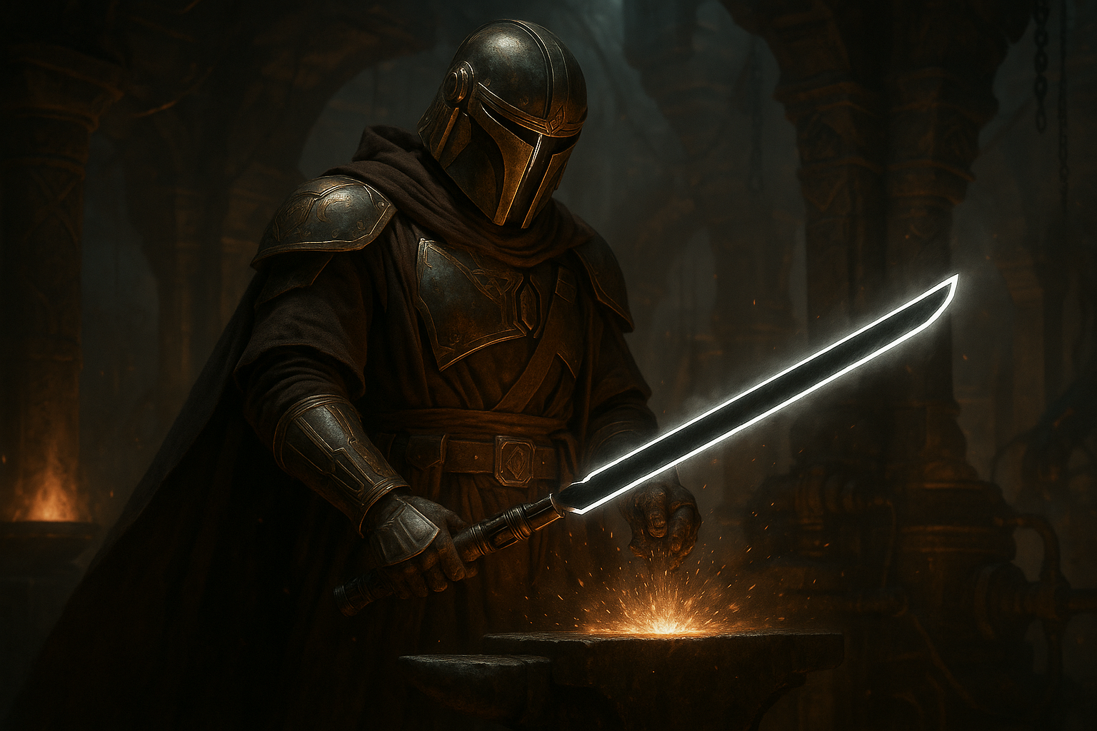 Tarre Vizsla, the first Mando, forges the original Darksaber in an ancient workshop merging Mando technology and mysticism as the unique black blade ignites.