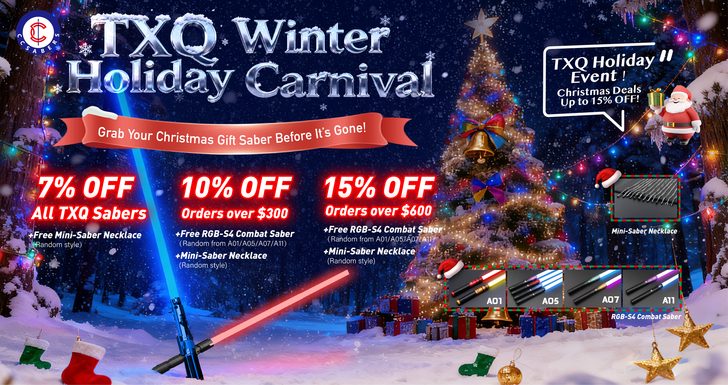 TXQ Sabers Winter Christmas Sale Banner, showing up to 15% discount with free RGB S4 Combat Saber and mini necklace saber gifts. Spend More, Save More: Get 10% off all orders, 10% OFF $300+, or 15% OFF $600+!